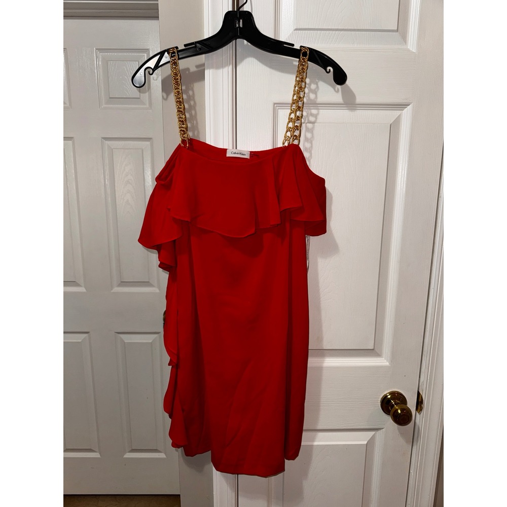Calvin Klein Red Cold Shoulder Ruffle Chain Strap Mini Dress Size 10 - Picture 3 of 8